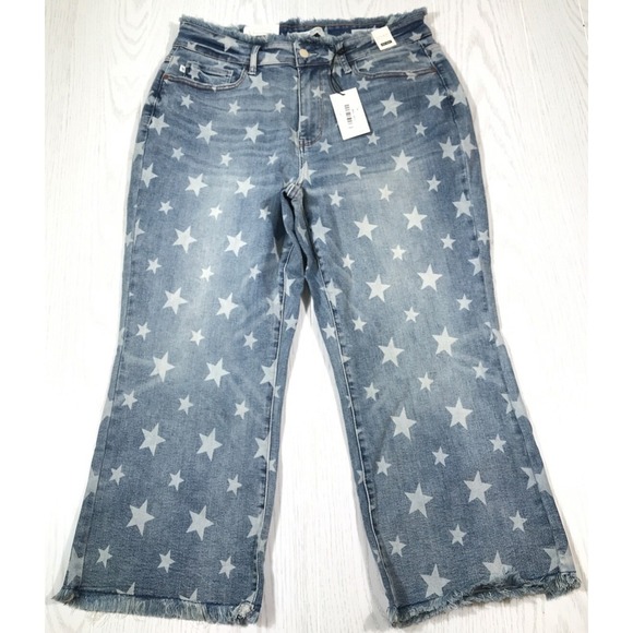 Judy Blue Denim - Judy Blue Star Print High Rise Straight Cropped Jeans 16W Fringe Stretch New